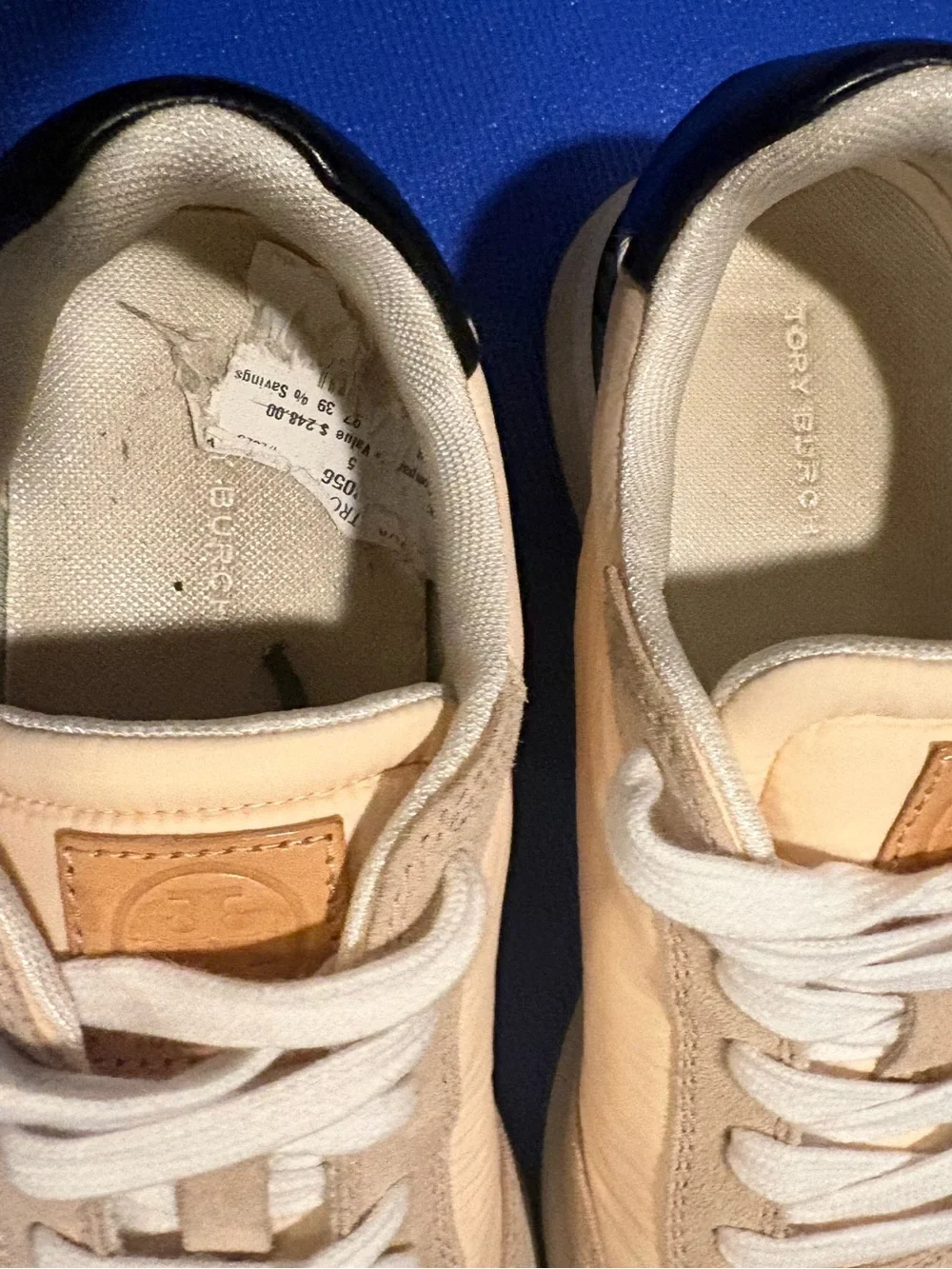 TORY BURCH DESTINY TRAINER SNEAKERS IN LEATHER/NYLON/SUEDE Size 7.5 Broken Lace